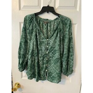 Style & Co Green Geometric Print Metallic Blouse Plus Size 2X Button Front Top